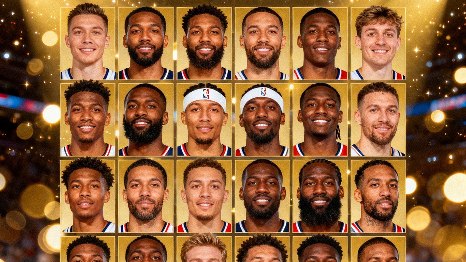 一张展示NBA全明星赛候选球员头像阵列的图片，包含多位篮球巨星的面部特写，背景是闪耀的聚光灯和全明星标志