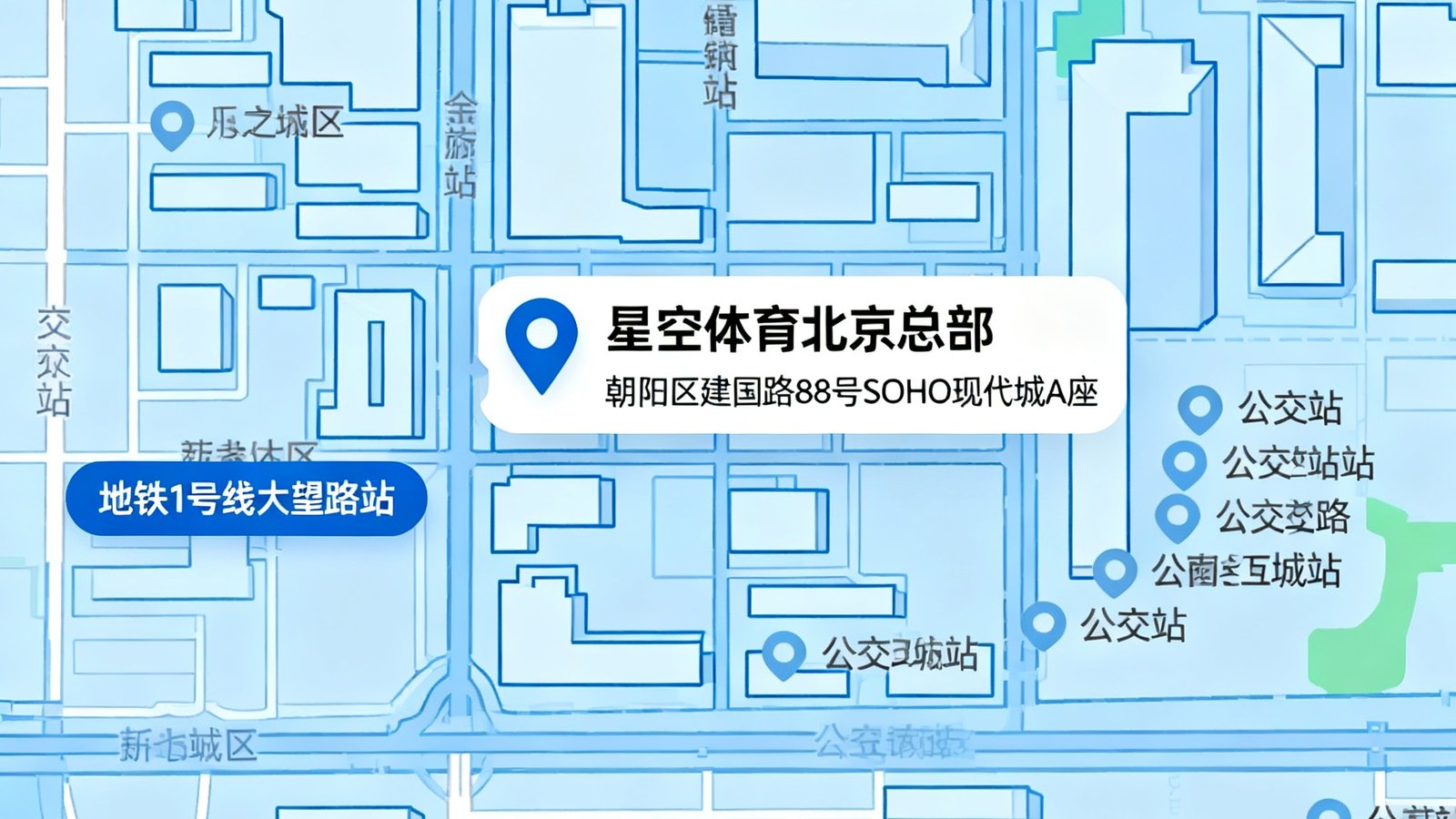 一张标注了星空体育北京总部位置的城区地图，地图上清晰标示出朝阳区建国路88号SOHO现代城A座的具体位置，周边标注了地铁1号线大望路站和多个公交站点