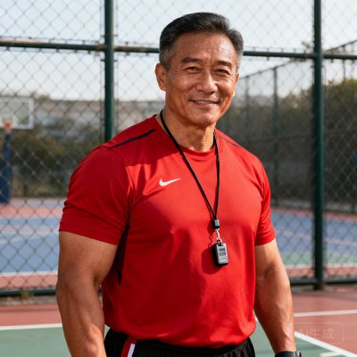 一位肤色黝黑、身材健硕的中年男性王教练的半身照，他穿着红色运动训练服，脖子上挂着哨子，背景是室外篮球场的铁丝网围栏，表情专注而自信